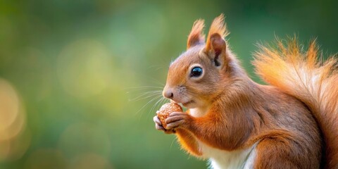 Closeup portrait of a red squirrel holding a nut against a blurred forest background, closeup, branch,  closeup