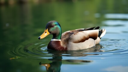 Obraz premium A duck with a green head and yellow bill is swimming in a calm pond, creating gentle ripples in the water.