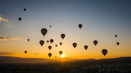 Breathtaking view of multiple hot air balloons silhouetted against a vibrant golden sunset sky creating a serene and picturesque landscape