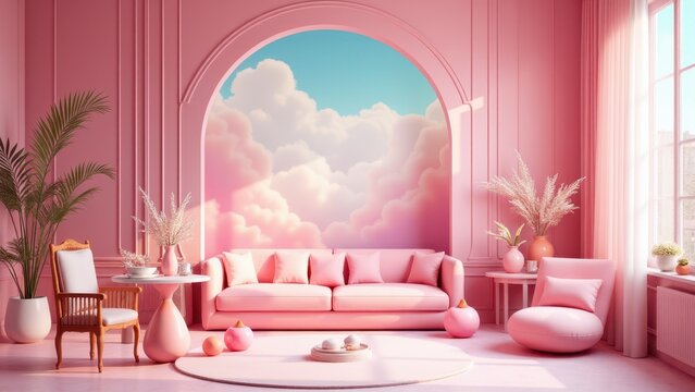 A fancy pancy living room with pink decor, featuring a pink sofa, chairs, and a mural of clouds.