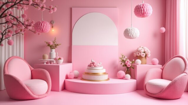 A fancy pancy pink-themed room with elegant decor, including plush chairs, a tiered cake, and floral arrangements.