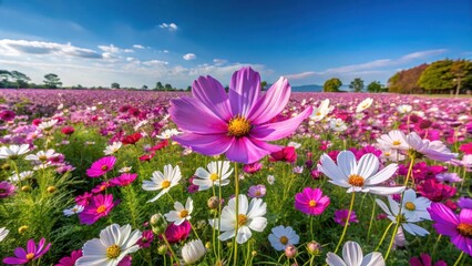 Obraz premium Large area of Cosmos bipinnatus flower fields with vibrant purple and white flowers under a clear blue sky, countryside, flowers in the field