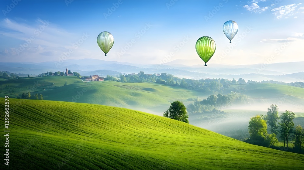 Poster captivating panoramic view of glass balloons gracefully floating in a serene dreamlike landscape wit