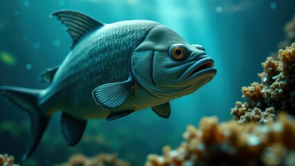 A fish eyeing the camera in an underwater scene with coral in the background.