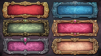 Game button gold frame ui cartoon fantasy design. Fantasy banner element for rpg menu interface in pink, red and blue color texture. Title bar panel icon with ancient ornate border shape collection