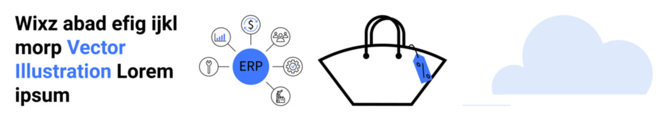 ERP hub connecting finance, sales, production, logistics, CRM alongside a shopping bag. Ideal for business solutions, finance, e-commerce, marketing IT systems cloud integration flat landing page