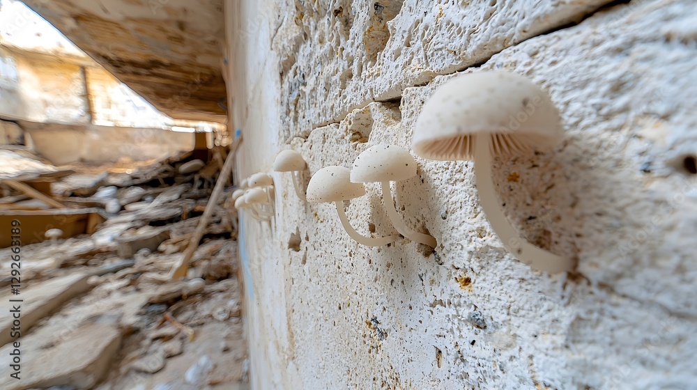 Poster close up of resilient fungi growth on the walls of a high radiation environment highlighting the cel