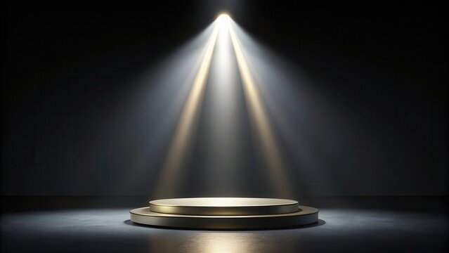 Simple podium with spotlight shining down on it, surrounded by dark minimalist background, conveying elegance and sophistication , understated luxury, elegant
