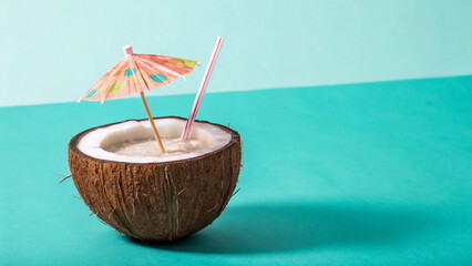A halved coconut filled with a creamy beverage, adorned with a pink and white striped straw and a decorative umbrella.