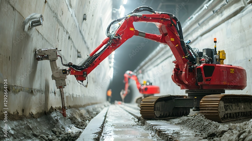 Poster Close up view of advanced robotic construction equipment inspecting and reinforcing the concrete linings of a railway tunnel during an infrastructure development project