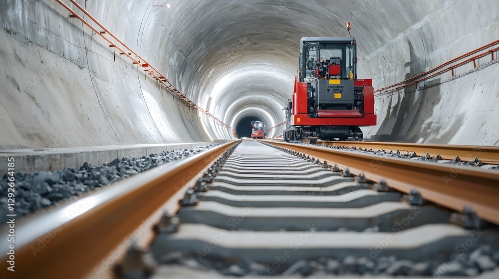 Poster close up view of automated construction machinery laying railway tracks inside a newly excavated und