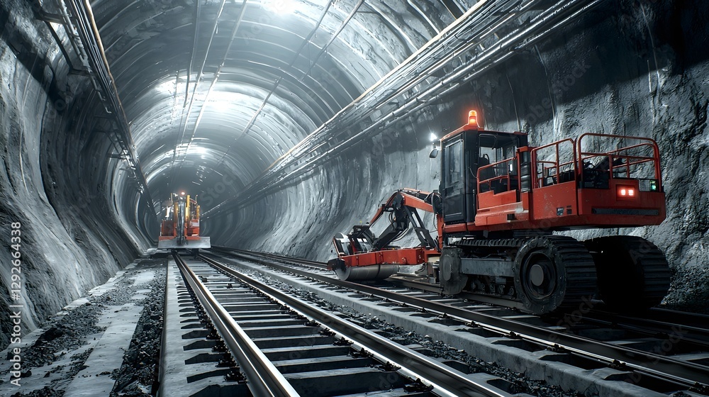 Poster Close up view of powerful automated machinery working diligently to lay railway tracks within a newly excavated tunnel
