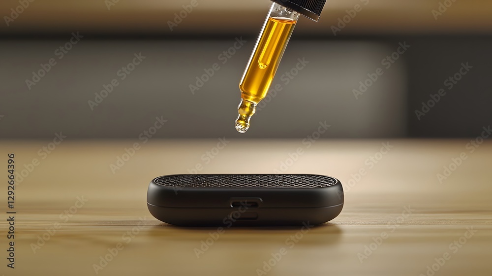 Aufkleber close up view of the refill process for an e cigarette or vape device showing a dropper bottle dispe
