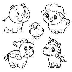 Whimsical Animal Coloring Sheet Pig, Chick, Sheep, Unicorn, and Calf