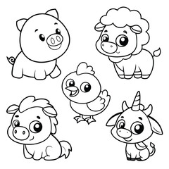 Black and White Cartoon Animal Coloring Page Pig, Chick, Sheep, Unicorn, and Calf