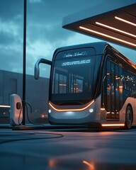 A futuristic electric bus charging at a terminal