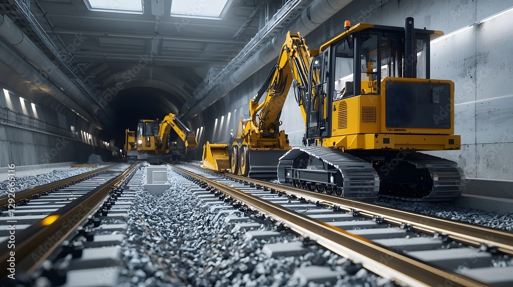 Poster closeup view of automated heavy machinery and equipment laying railway tracks inside a newly excavat