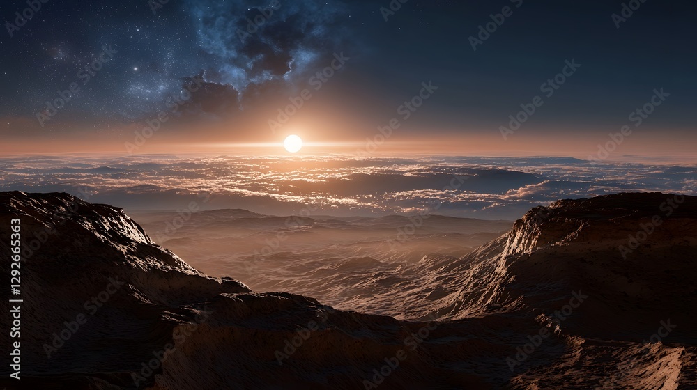 Aufkleber Conceptual image of a futuristic interstellar observatory situated on the surface of the exoplanet Proxima b with the observatory overlooking the distant galaxies and cosmic phenomena in the sky