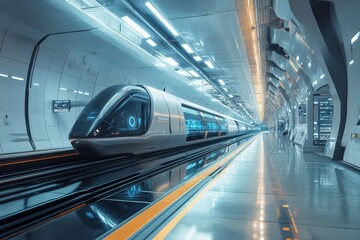 A futuristic maglev train in a clean, high-tech station