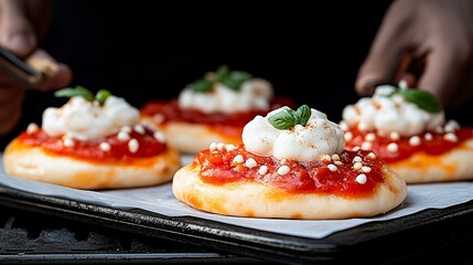 Delicious personal pizzas topped with tomato sauce, cream, and fresh basil prepared at a busy airport kitchen