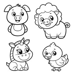 Fototapeta premium Fun Animal Coloring Page Cute Pig, Chick, Sheep, Unicorn, and Calf