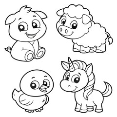 Adorable Farm and Mythical Creatures Coloring Sheet Pig, Chick, Sheep, Unicorn, and Calf