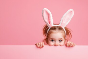 Easter Sunday fun kid portrait, Cute girl wearing bunny ears peeking over the edge of an empty table with a pink background, Easter theme, simple composition, portrait photography, high