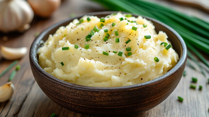  creamy mashed potatoes with fresh chives garnish and pepper eat food bowl side dish herb