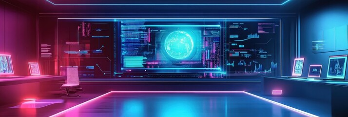 A futuristic tech lab showcasing prototype computers with holograms