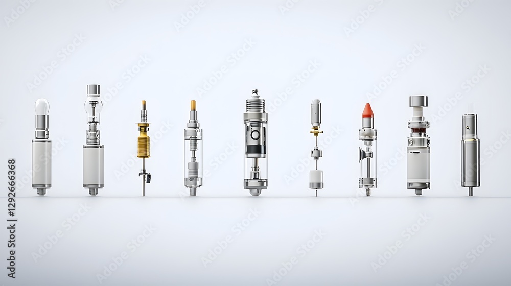 Poster Deconstructed image of a vape pen device displayed in suspended animation  showcasing the individual components and parts of the electronic cigarette product in a minimalist