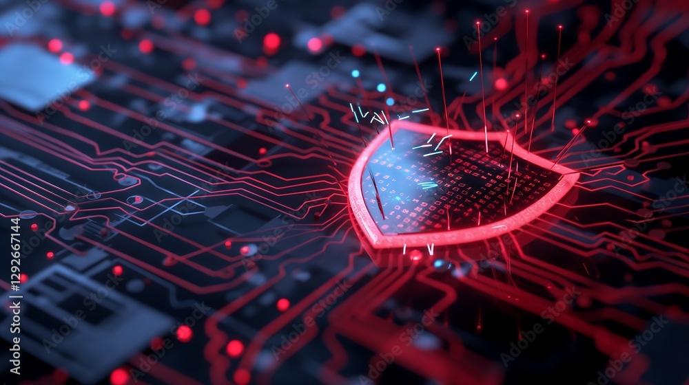 Poster a 3d visualization of a digital shield protecting a network from cyber threats, with glowing lines o