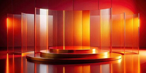Vibrant red and orange hues blend in abstract shapes on a sleek glass podium, radiating energy and sophistication , stylish