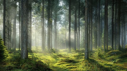 Obraz premium misty forest with tall pine trees