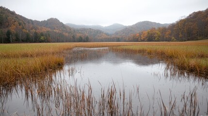 Autumn marsh, mountains, tranquil scene, nature background, wallpaper
