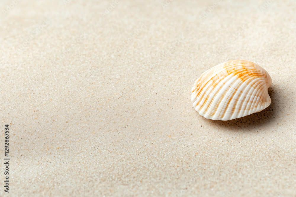Poster single seashell rests on smooth sand, creating minimalist and serene composition. shell subtle orange and white hues contrast gently with sandy background, evoking sense of calm and simplicity
