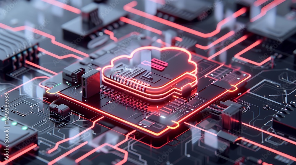 Poster a 3d visualization of a secure cloud storage system, with data packets flowing safely into a protect