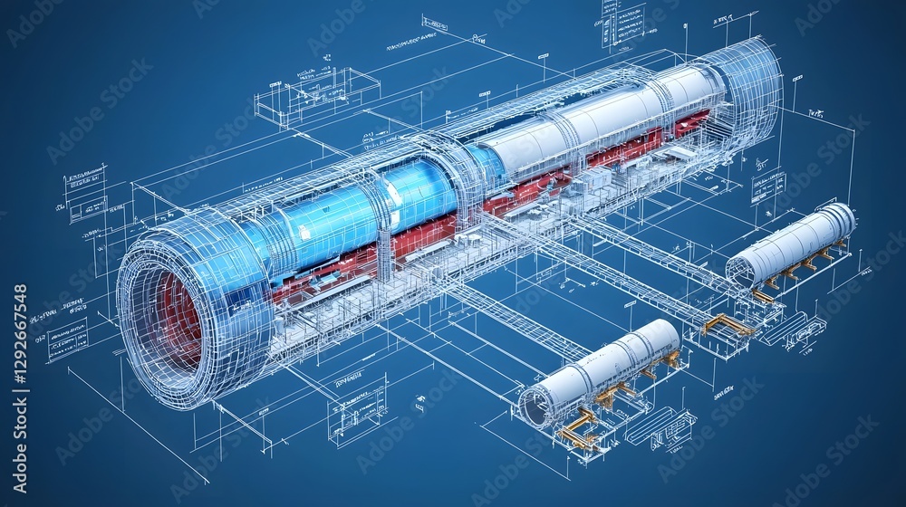 Poster Detailed blueprint style visualization showcasing the different phases and development stages of a railway tunnel construction project including technical schematics diagrams and engineering plans