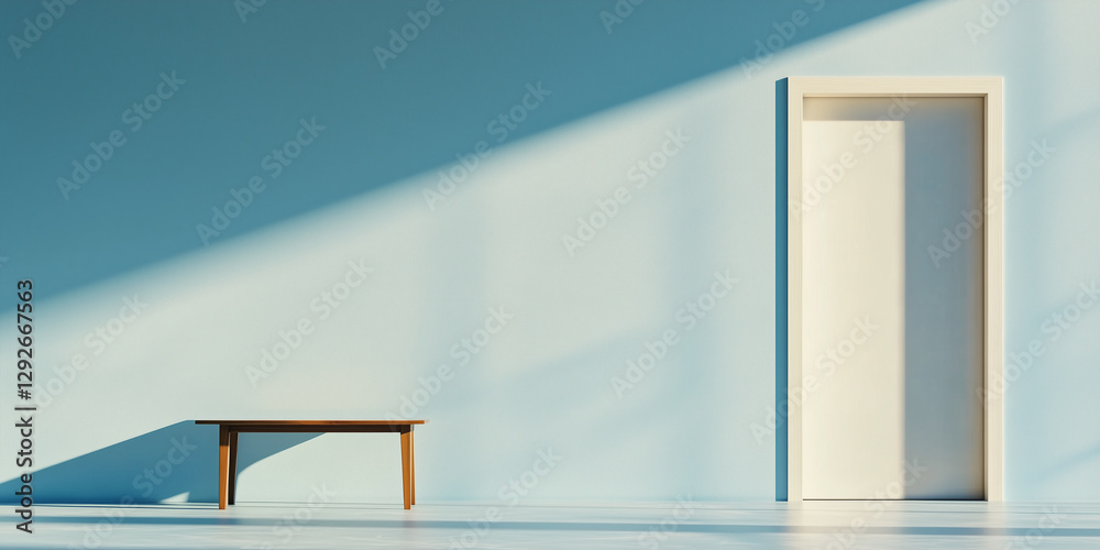 Poster modern minimal room with single table and geometric shadows on light blue wall, creating serene atmosphere