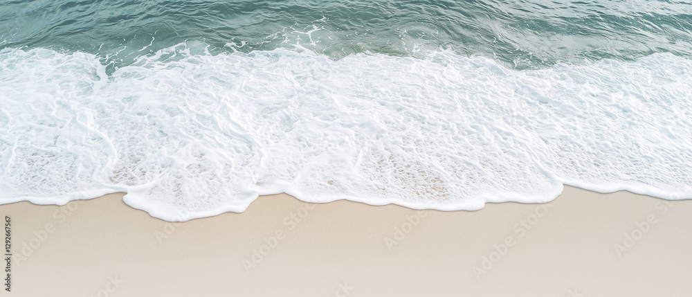 Poster peaceful ocean background with gentle waves lapping onto sandy beach, creating serene and calming atmosphere. soft foam of waves contrasts beautifully with smooth sand