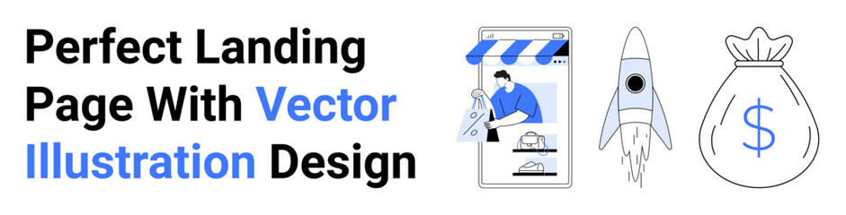 E-commerce store creation, rocket symbolizing growth, and bag of money representing revenue. Ideal for business, marketing, e-commerce, strategy, success, advertising flat landing page banner