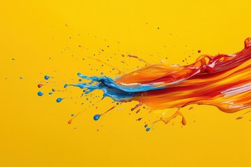 Vibrant blue, orange, and red paint splash on yellow. Perfect for designs needing bold colors and energy.