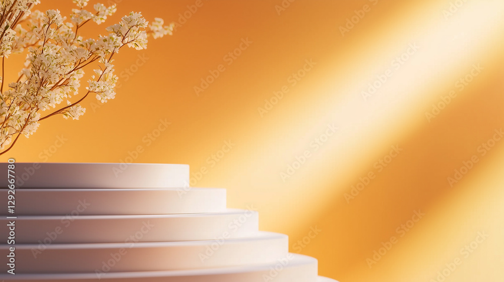 Poster minimalist scene with white circular platforms and delicate flowers against warm orange background, creating serene and elegant atmosphere
