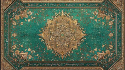 Intricate Mandala Design with Floral Elements on Vibrant Teal Background and Gold Accents in Ornate Vintage Style
