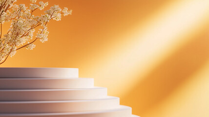 Obraz premium minimalist scene with white circular platforms and delicate flowers against warm orange background, creating serene and elegant atmosphere