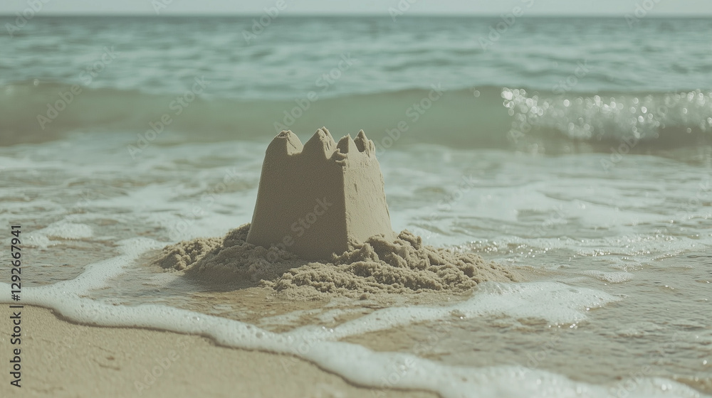 Poster sandcastle stands on beach as gentle waves approach, creating serene coastal scene
