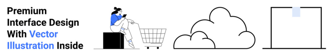 Woman browsing on a device sitting by a shopping cart, cloud icon for online storage, and browser window. Ideal for online shopping, e-commerce, data storage, cloud computing, digital marketing, user