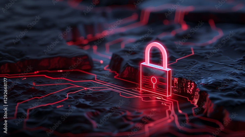 Poster a glowing padlock hovering over a digital landscape, representing data security, with streams of enc