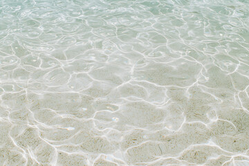 Fototapeta premium Crystal clear ocean water with sandy beach background, showcasing gentle ripples and sunlight reflections