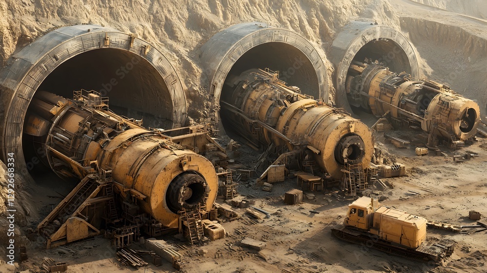 Poster detailed cross section view of an ongoing railway tunnel construction project