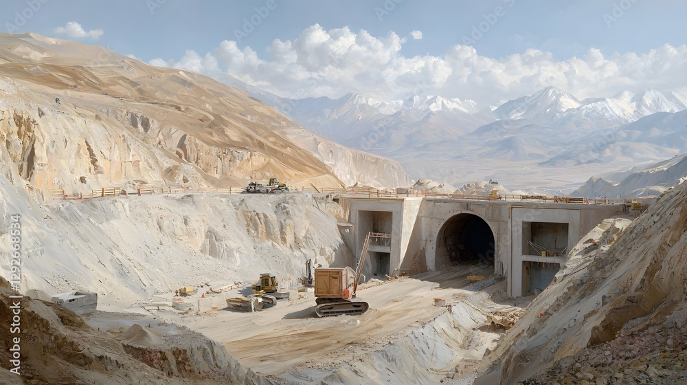 Poster Detailed cutaway view of a mountain railway tunnel under construction showcasing the excavation process and support techniques used to build the infrastructure through the challenging terrain
